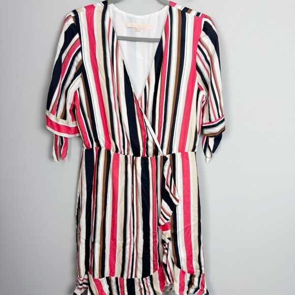 HUTCH | Bold Vertical Striped Faux Wrap Short Sleeve Dress Women’s Size Large - Picture 1 of 9